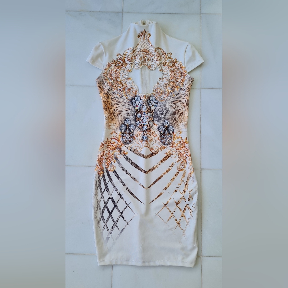 Elegant Cream and Gold Dress Cavalli Style Animal Jewel Print Mini Gold Mesh
